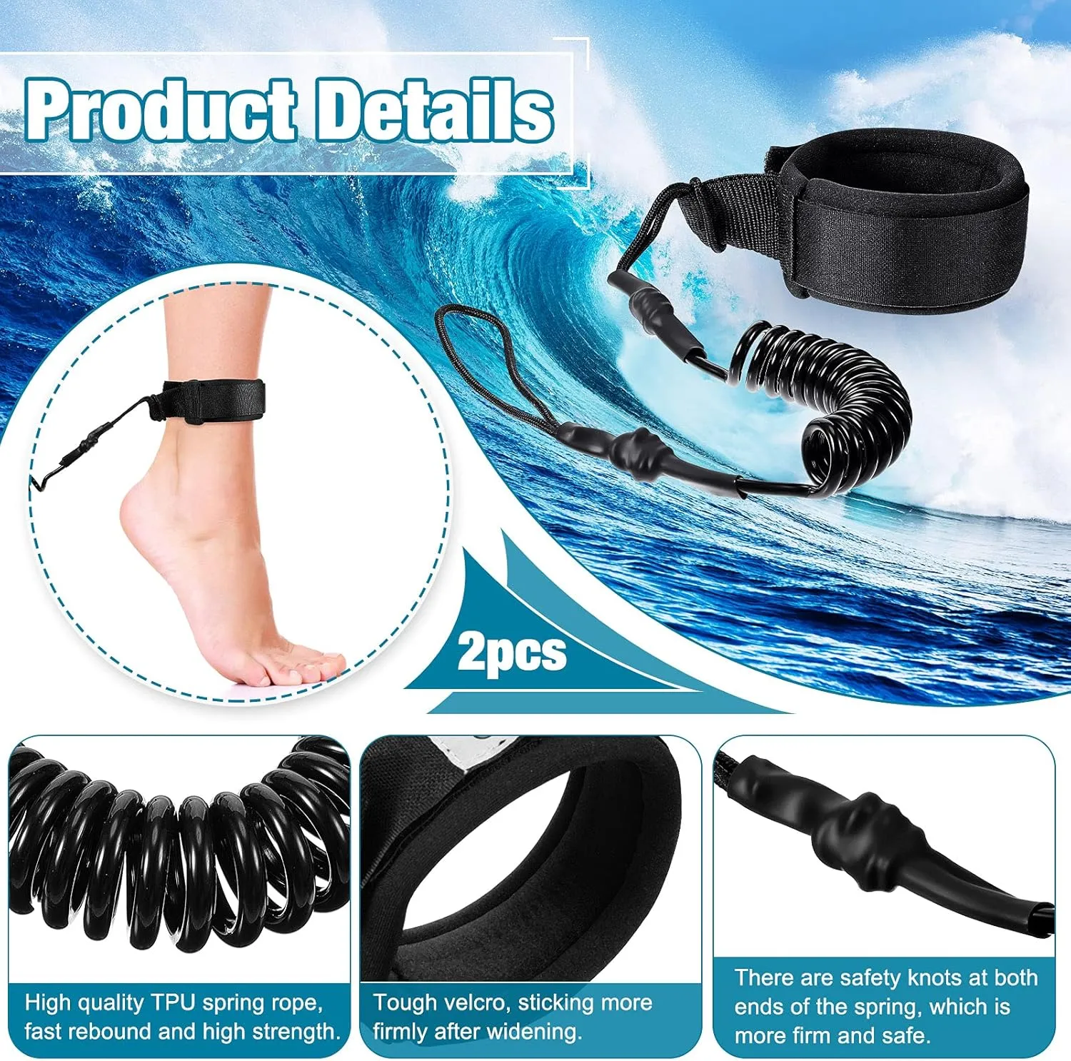 2 Pieces Surf Board Leashes Coiled Leash Rope Paddle Board Surfboard Leash Compatible with SUP Surfing Leg Rope Leash Surf Straps Stay on Board Ankle Strap Ankle Accessory for Surfing