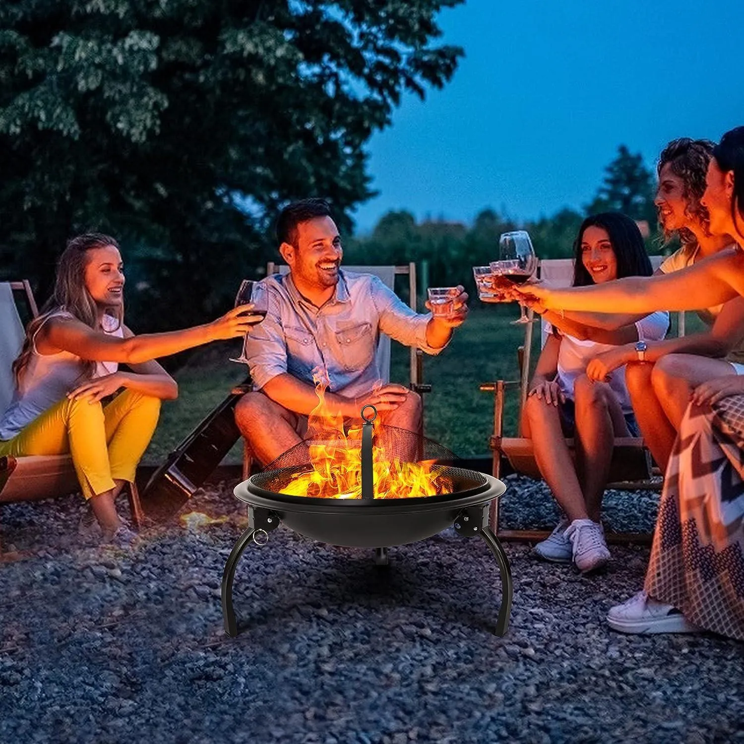 22" Round Foldable Outdoor Fire Pits Patio Garden Fireplace BBQ Grill with Spark Mesh Cover