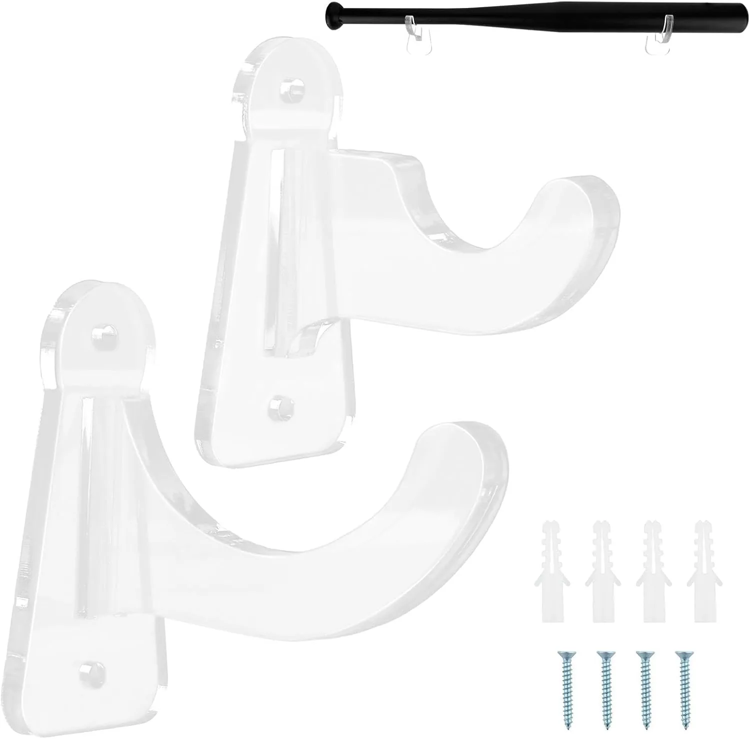 2PCS Baseball Bat Display Case Holder with Screws and Expansion Tubes, Wall Mount Acrylic Baseball Bat Horizontal Rack for Memorabilia Collectible, Fits to 2-5/8 inch Barrel(Transparent)