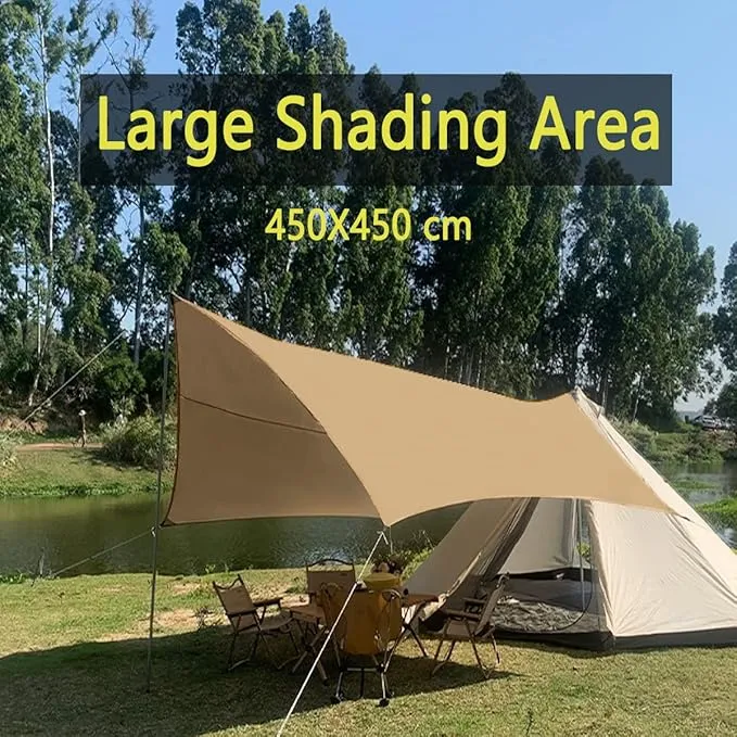 4.5X4.5m Large Camping Tarp Tent Ultralight Waterproof Hammock Rain Fly Mutifunctional Hexagon Tarpaulin Shelter for Bushcraft Picnic Backpacking Outdoor Survival (Beige Hexagonal Tarp, 15x15ft)
