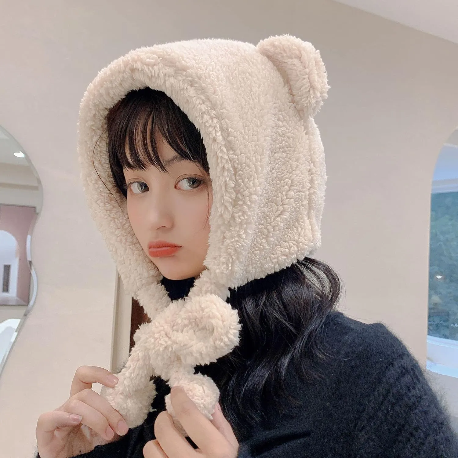 ANKOMINA Winter Cute Bear Ear Warm Hat Women Plush Earflap Beanie Hat Kids Girls Windproof Skull Cap