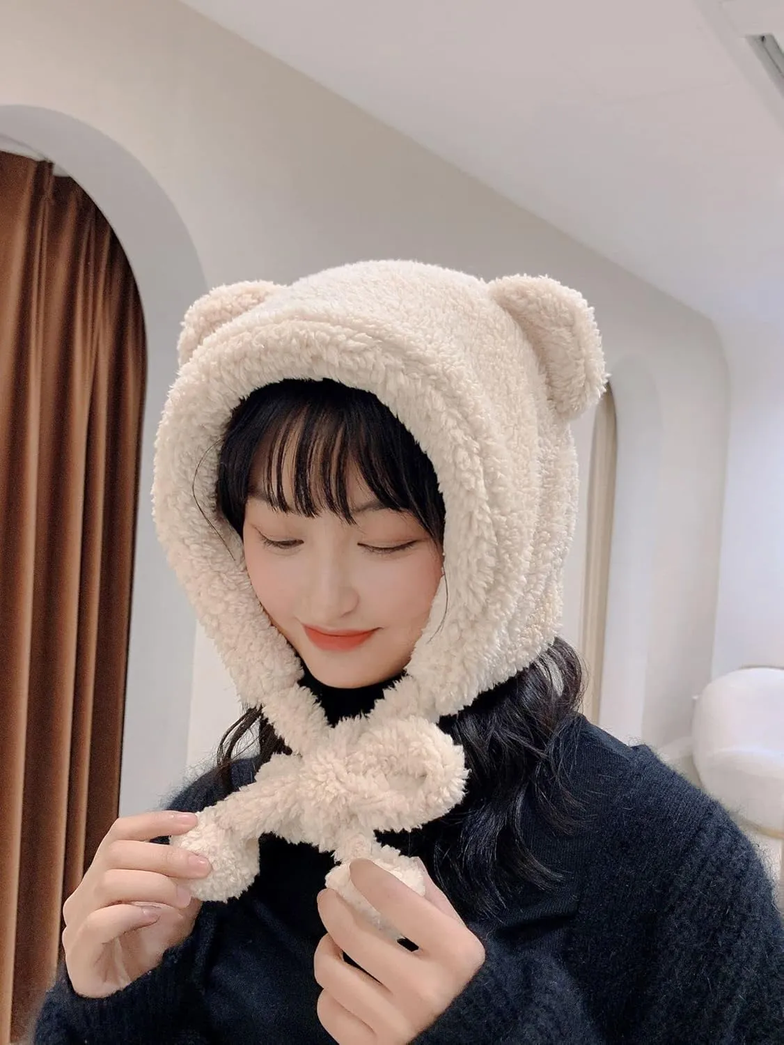 ANKOMINA Winter Cute Bear Ear Warm Hat Women Plush Earflap Beanie Hat Kids Girls Windproof Skull Cap