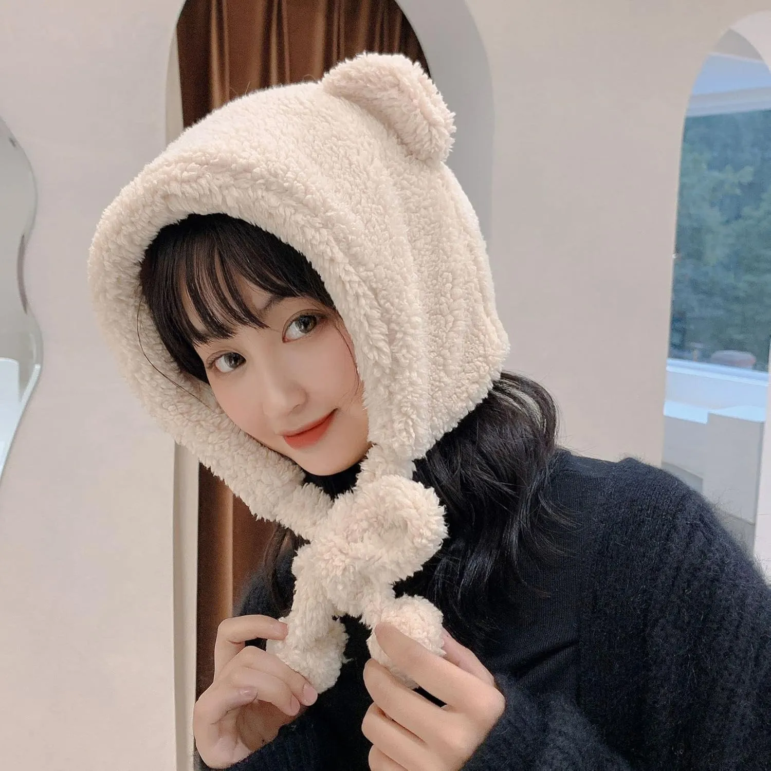 ANKOMINA Winter Cute Bear Ear Warm Hat Women Plush Earflap Beanie Hat Kids Girls Windproof Skull Cap