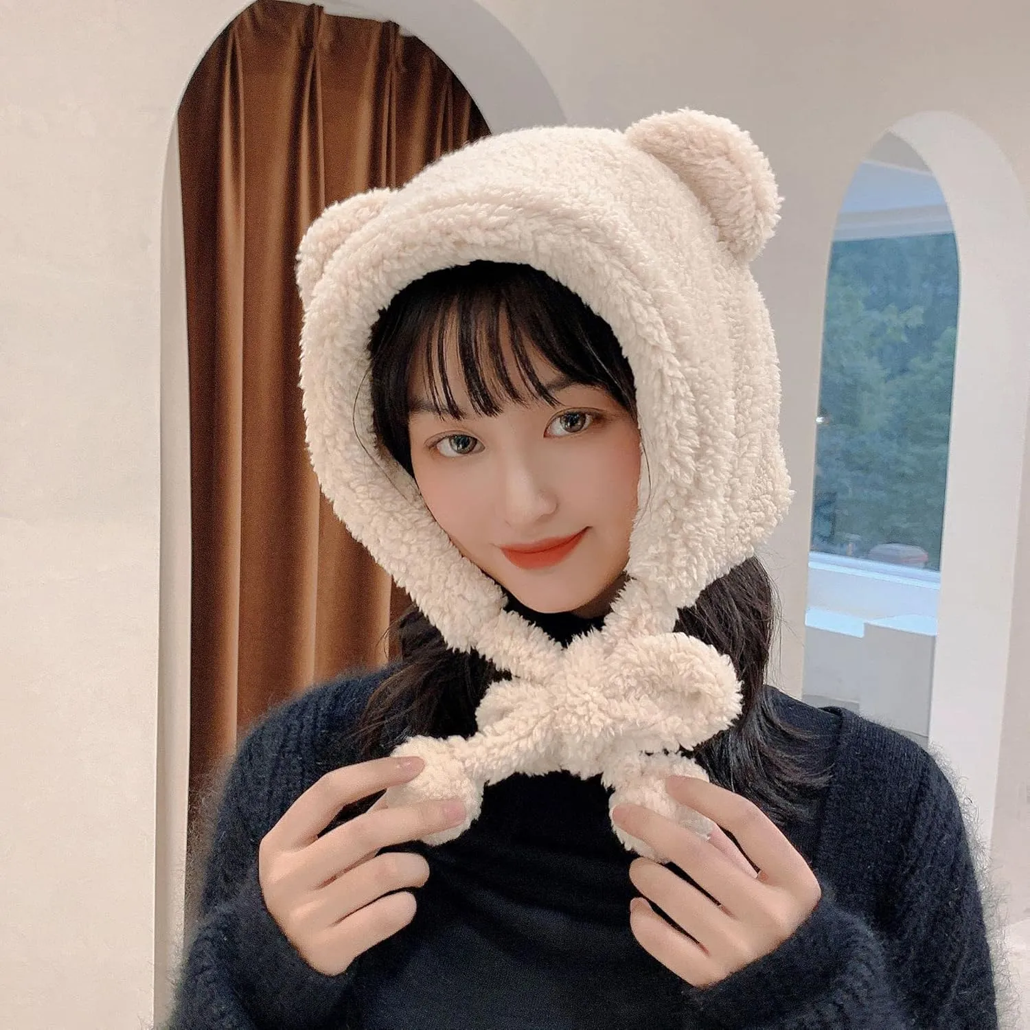 ANKOMINA Winter Cute Bear Ear Warm Hat Women Plush Earflap Beanie Hat Kids Girls Windproof Skull Cap