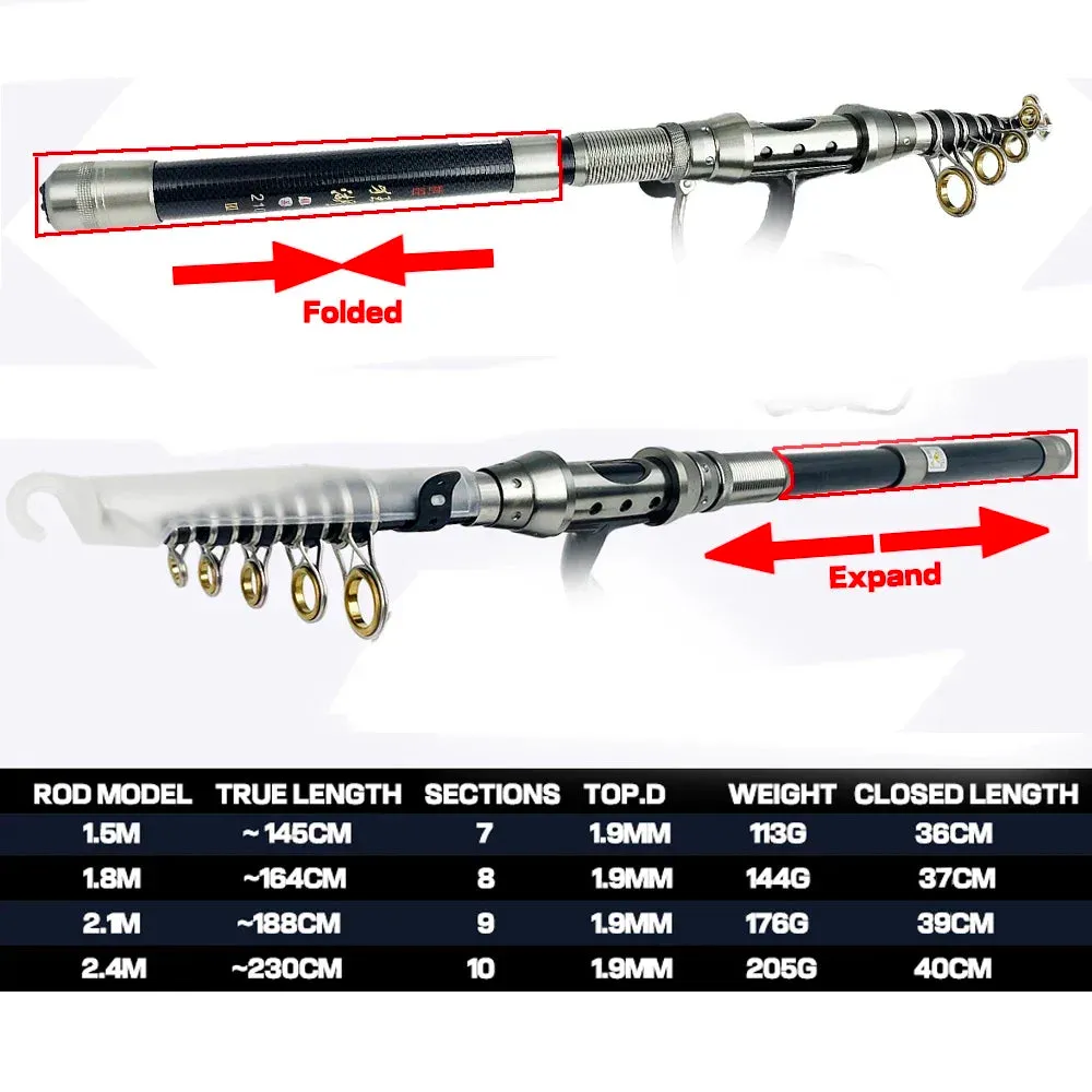Carbon Telescopic Multifunction Fishing Rod  1.5m 1.8m 2.1m 2.4m