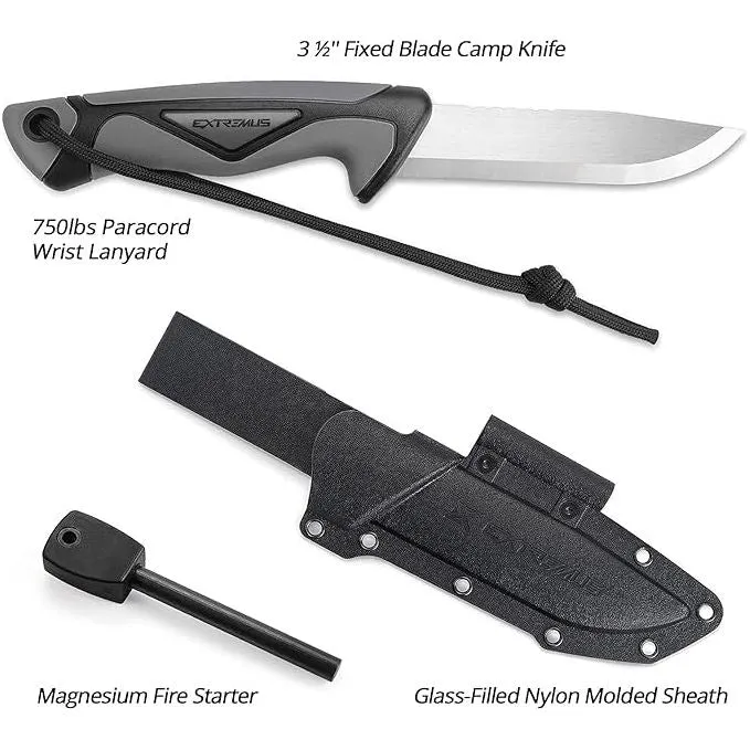 Extremus Stainless Steel Camp Knife W/ Fixed Blade And Firestarter 3.5" Black