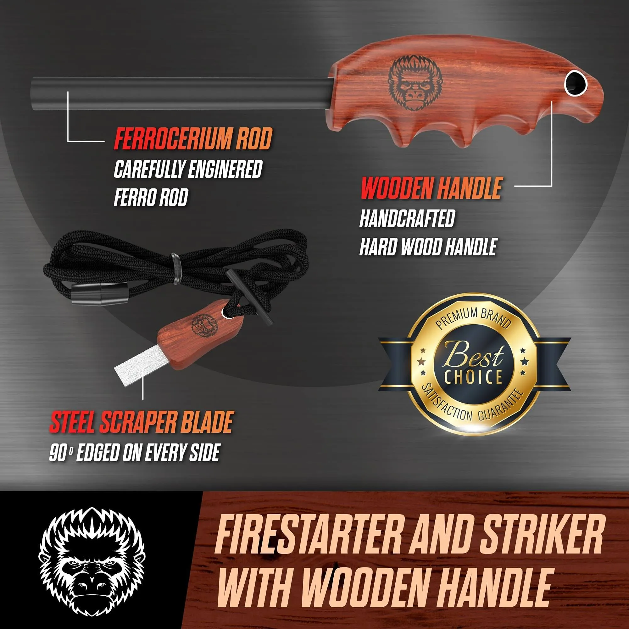 Finger Grip Wood Handle Ferro Rod Gift Set (Dark Brown)