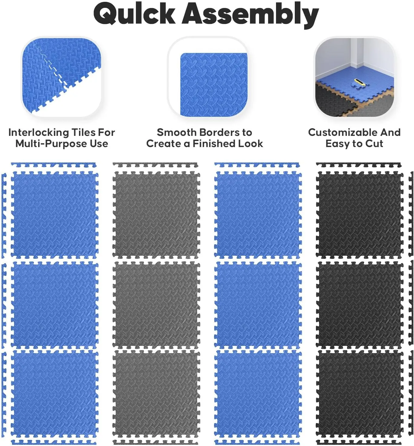Home Gym Mat, Puzzle Exercise Mat, EVA Interlocking Foam Floor Tiles for Home Workout Equipment and Kids' Play Areas - Black, 24 in x 24 in x  in - 24 Tiles (Black, 24 Pack, 96 SQ FT)