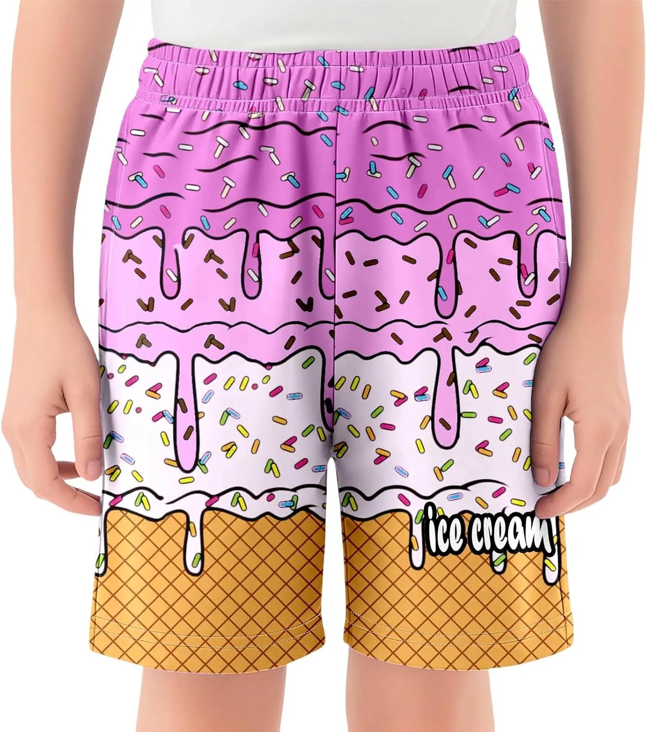Ice Cream Boys Swim Trunks Summer Cute Preppy Ice Cream Drip Baseball Shorts Casual Elastic Waist Short-Pants with Pockets