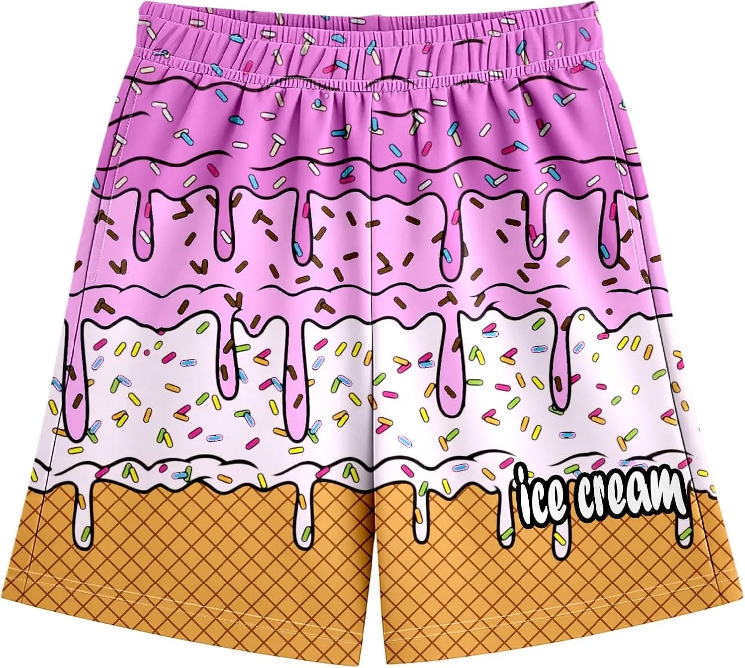 Ice Cream Boys Swim Trunks Summer Cute Preppy Ice Cream Drip Baseball Shorts Casual Elastic Waist Short-Pants with Pockets