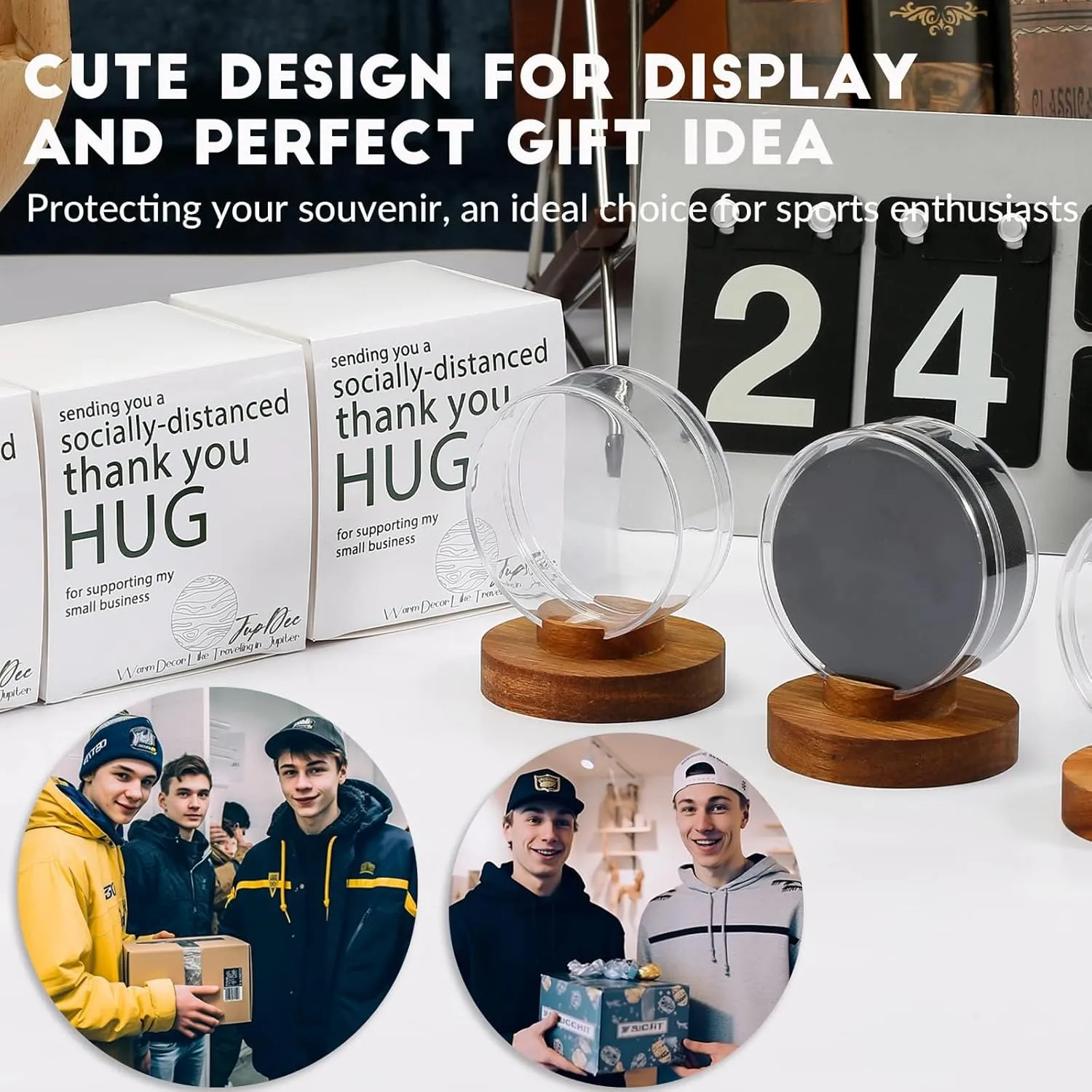 JupDec Hockey Puck Display Case Acrylic Clear Holder with Wood Base, Autograph Souvenir Display Stand, Perfect Showcase for Your Collection, Brown, 1 Pack