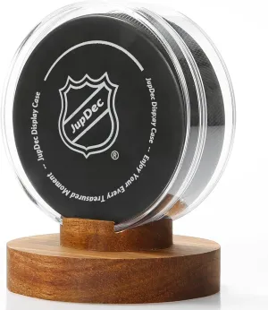 JupDec Hockey Puck Display Case Acrylic Clear Holder with Wood Base, Autograph Souvenir Display Stand, Perfect Showcase for Your Collection, Brown, 1 Pack