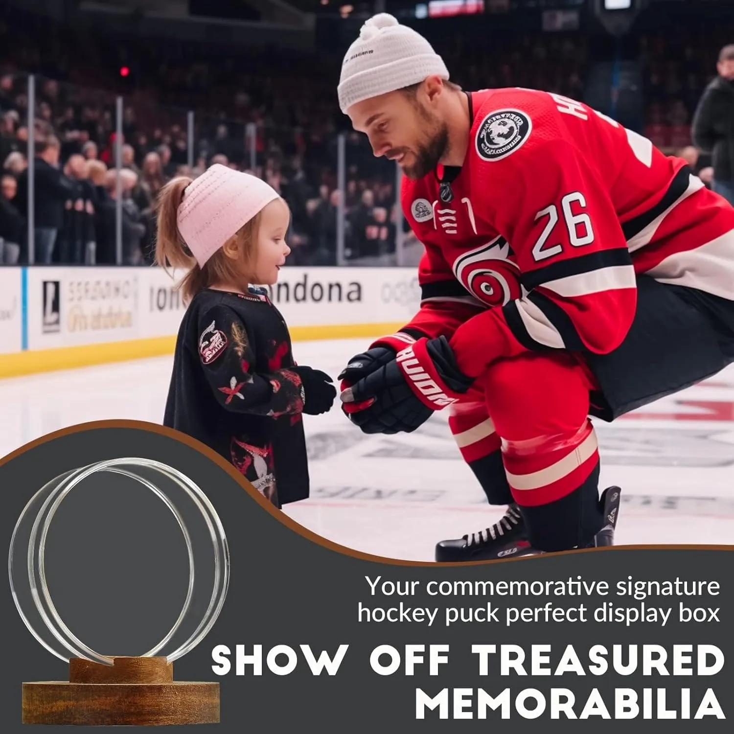 JupDec Hockey Puck Display Case Acrylic Clear Holder with Wood Base, Autograph Souvenir Display Stand, Perfect Showcase for Your Collection, Brown, 1 Pack