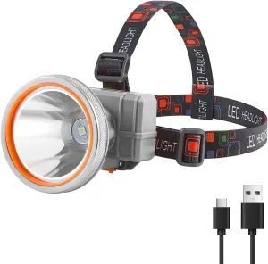 Kitness Rechargeable LED Headlamp with Ultra-Bright Light, Designed for Outdoor Adventures, Waterproof and Durable with 3 Adjustable Light Modes, Perfect for Camping, Running (Yellow Light-Grey)