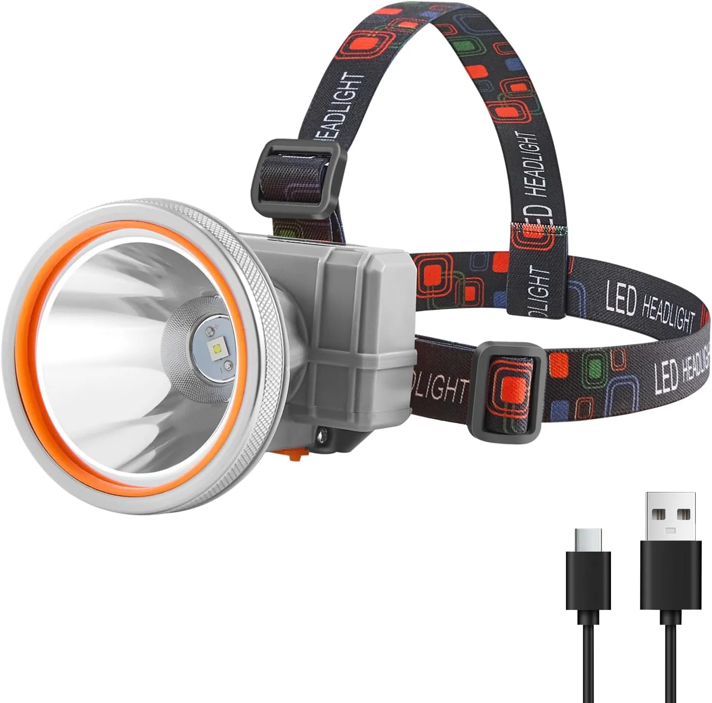 Kitness Rechargeable LED Headlamp with Ultra-Bright Light, Designed for Outdoor Adventures, Waterproof and Durable with 3 Adjustable Light Modes, Perfect for Camping, Running (Yellow Light-Grey)