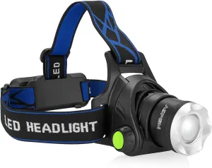 LED Rechargeable Super Bright Headlamp, IPX4 Waterproof for Camping, Outdoors, Running, Hiking, Fishing, etc. 90 Adjustable. USB Cable Included.
