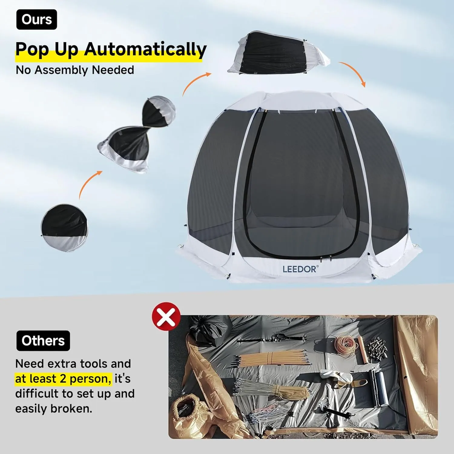 LEEDOR Pop Up Screen House, 6-10-15 Person Outdoor Screen TentCamping Screen Room with Carry Bag, Screened Gazebo with Mosquito Netting, Instant UV Resistant Sun Shelter for Garden, Patio, Backyard