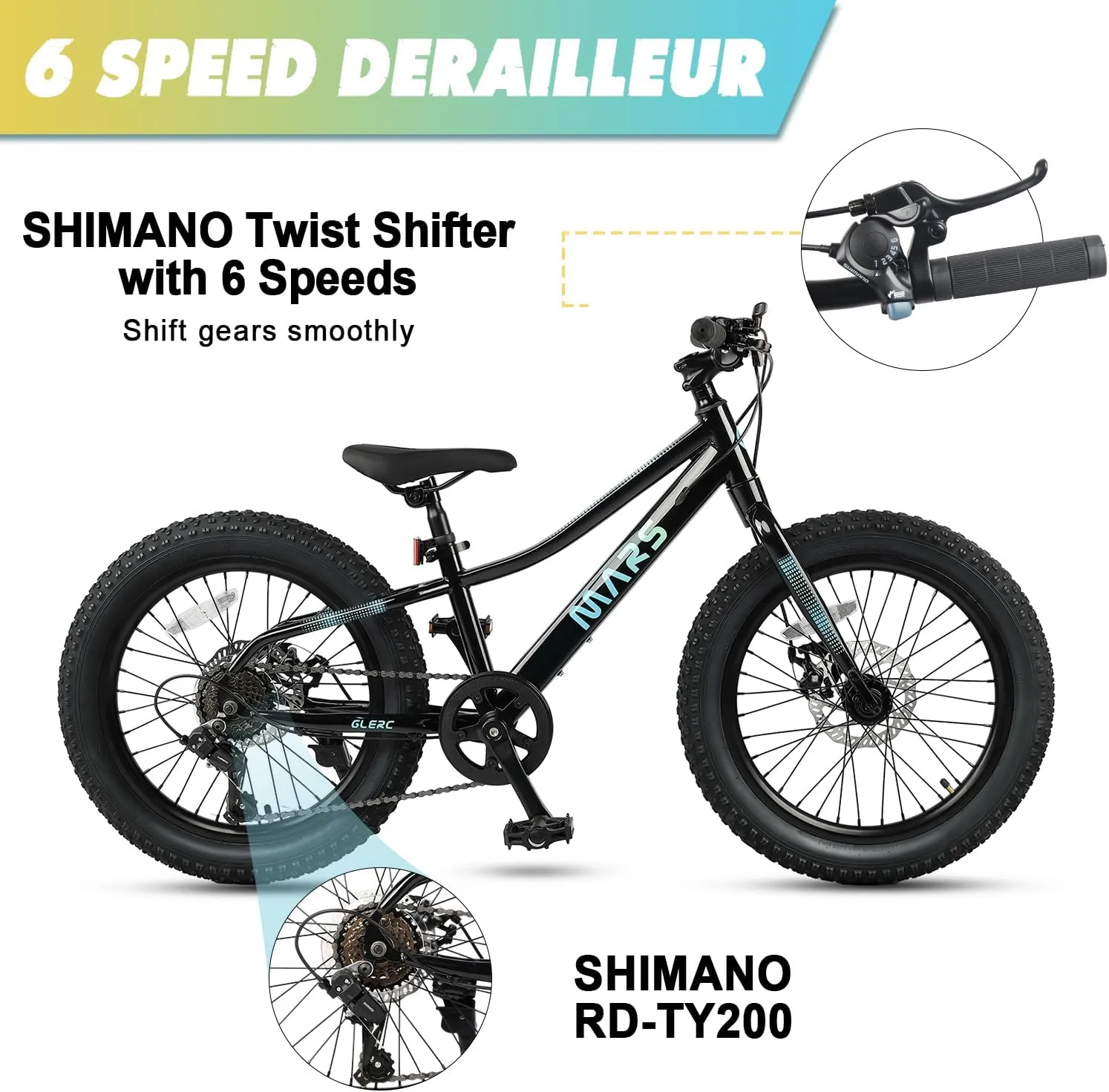 Mars Kids Mountain Bike, 20 24 Inch Fat Tire Bike for Teen Ages 6-14 Year Old, Bicycle with 2.8-Inch Wide Tires and 6 Speed Drivetrain, Multiple Colors