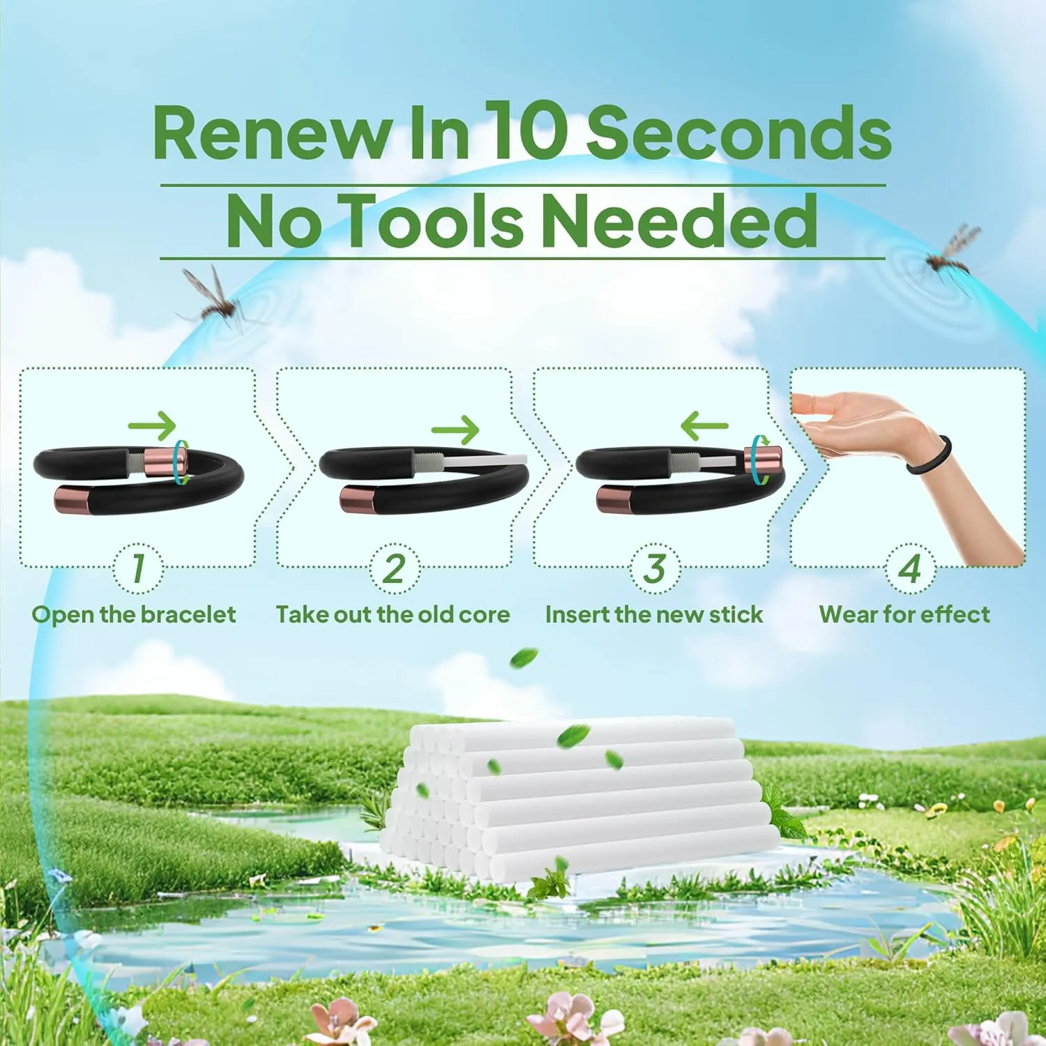 Mosquito Repellent Bracelet Refill Oil Sticks (30 Pack) | Plant-Based Essential Oils | Long-Lasting Protection | 30 Repellent Refills (60 Sticks Total)