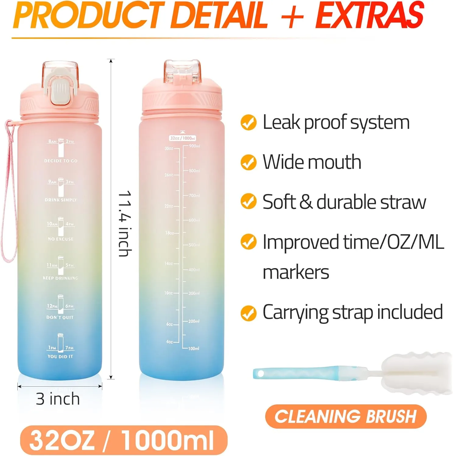 Motivational Water Bottle with Time Marker- 32oz Water Bottles with Times to Drink, Leakproof & BPA Free Sports Water Bottle with Straw & Carry Strap for Fitness, Gym, and Outdoor Sports