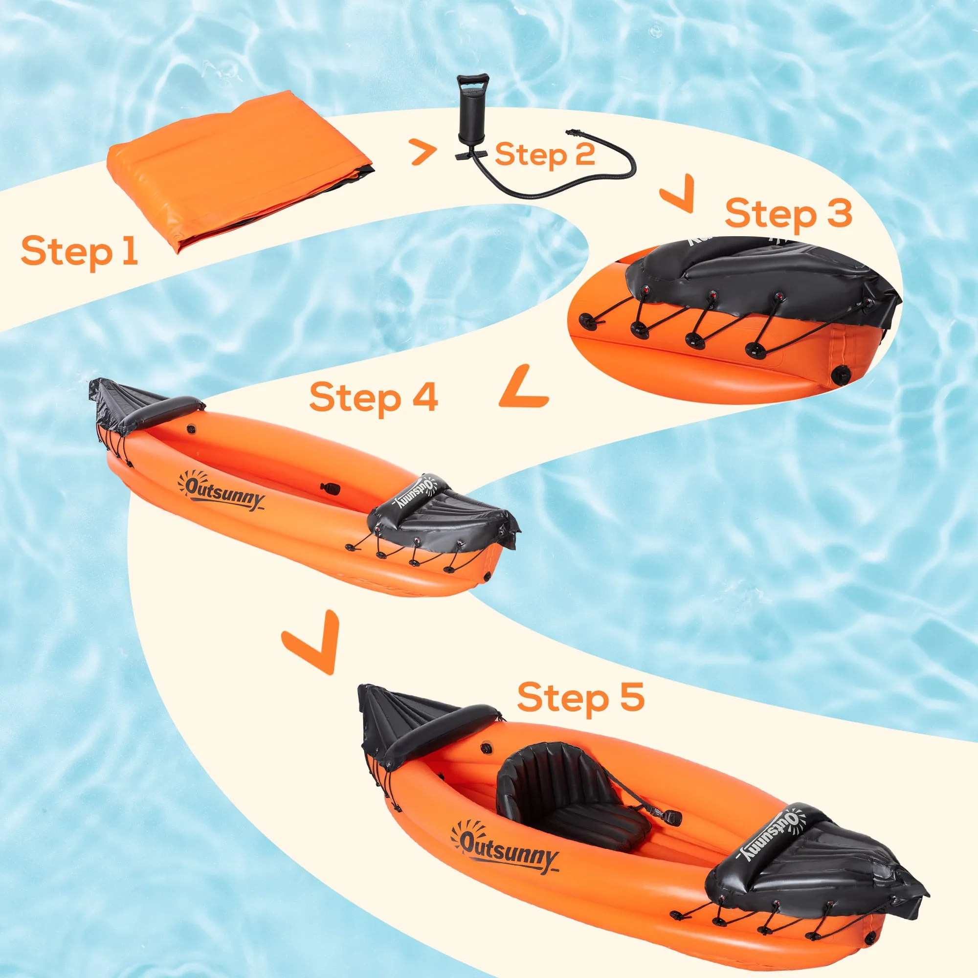Outsunny Inflatable Kayak, 1-Person Inflatable Boat, Inflatable Canoe Set Orange