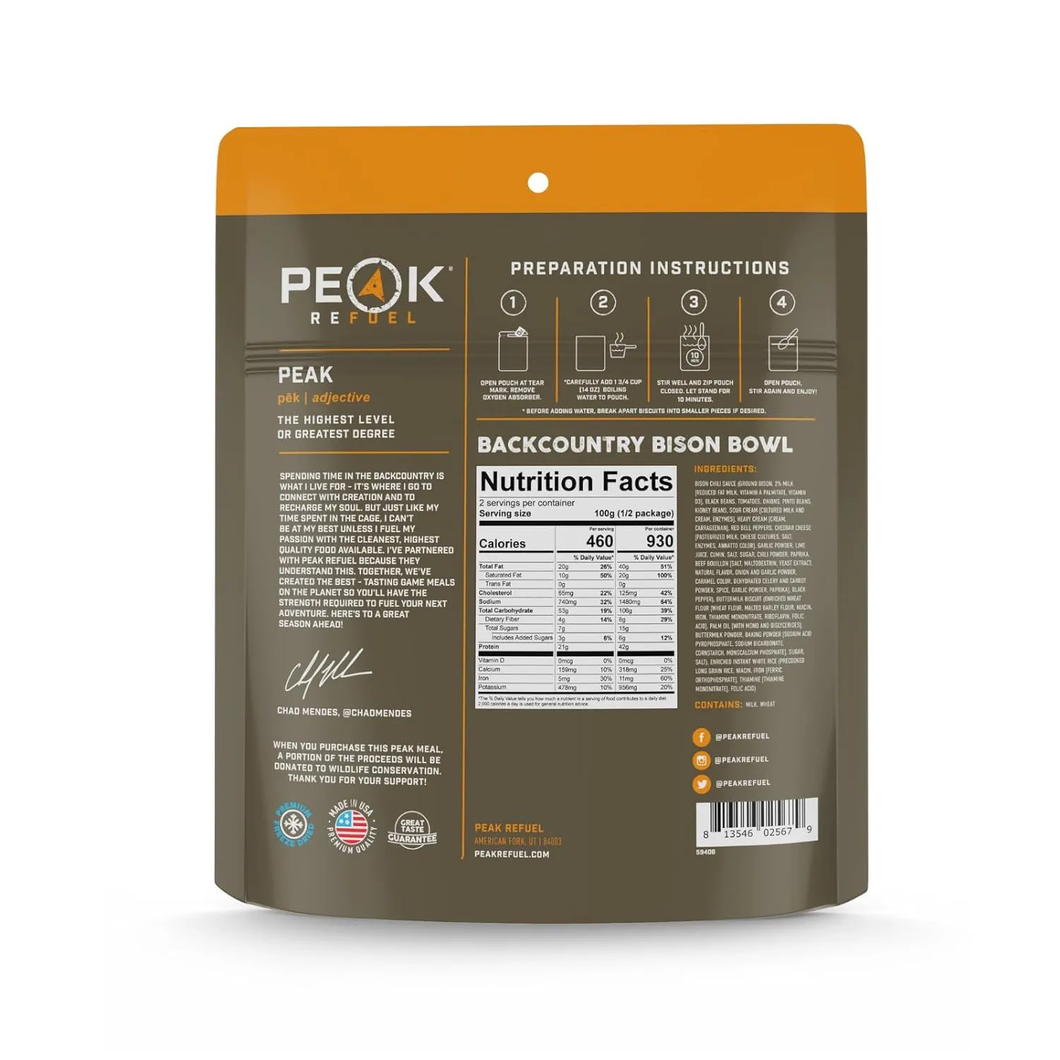 Peak Refuel Backcountry Bison Bowl | Chad Mendes Signature Meal | Premium Freeze-Dried Variety Meals | Hunting, Survival, Camping, Backpacking Food | High-Protein Game Meats | MRE | Made in USA
