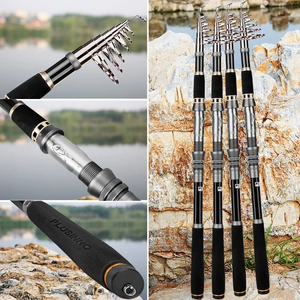 PLUSINNO Telescopic Fishing Rod and Reel Combos Full Kit, Carbon Fiber Fishing Pole, 12  1 Shielded Bearings Stainless Steel BB Spinning Reel