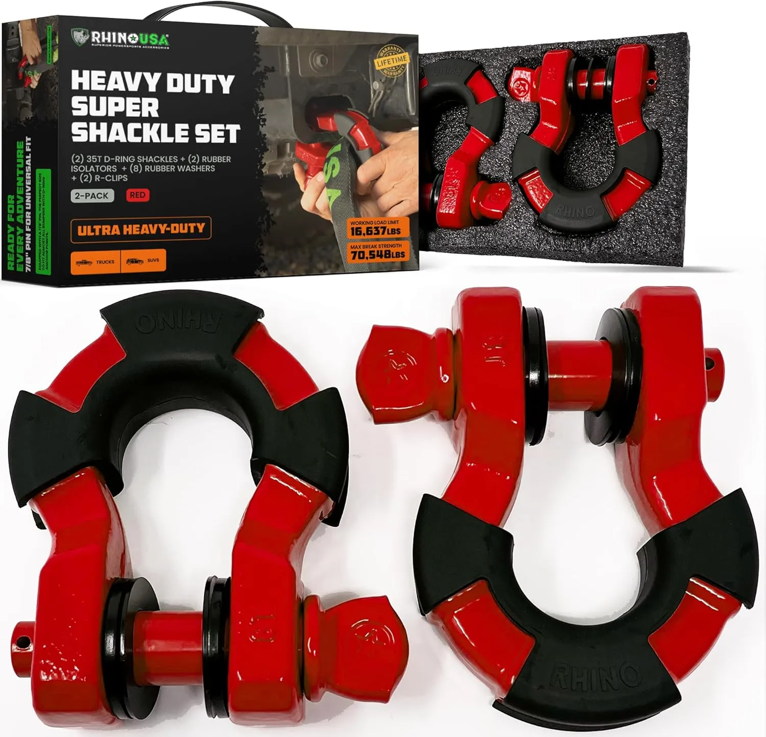 Rhino USA Super D Ring Shackles (2-Pack) - 70,548lb Break Strength  Heavy Duty 3/4" Clevis Shackle with 7/8 Pin for Towing & Off-Road Use - Pairs with Tow Strap for Vehicle Recovery (Red)