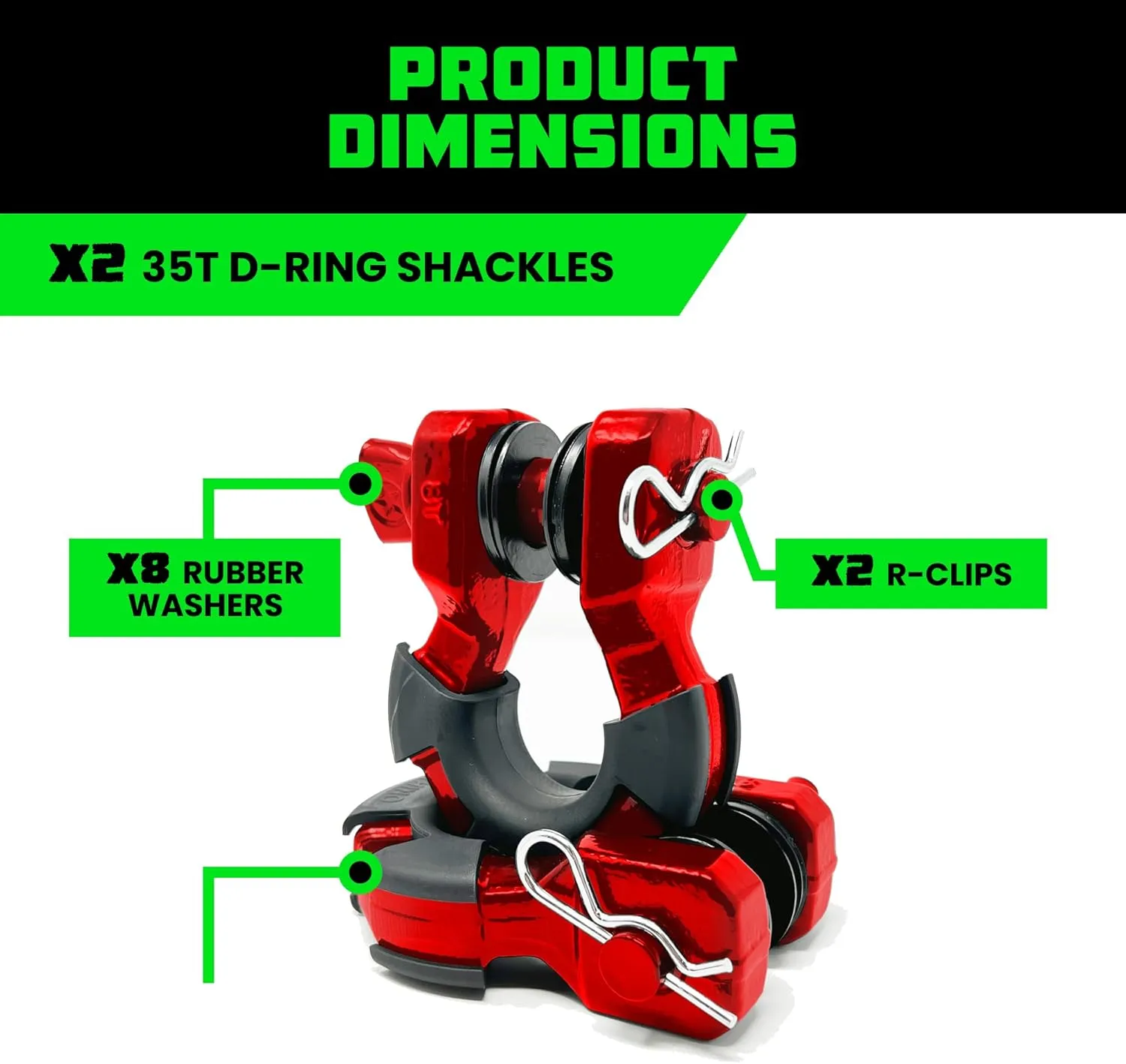 Rhino USA Super D Ring Shackles (2-Pack) - 70,548lb Break Strength  Heavy Duty 3/4" Clevis Shackle with 7/8 Pin for Towing & Off-Road Use - Pairs with Tow Strap for Vehicle Recovery (Red)