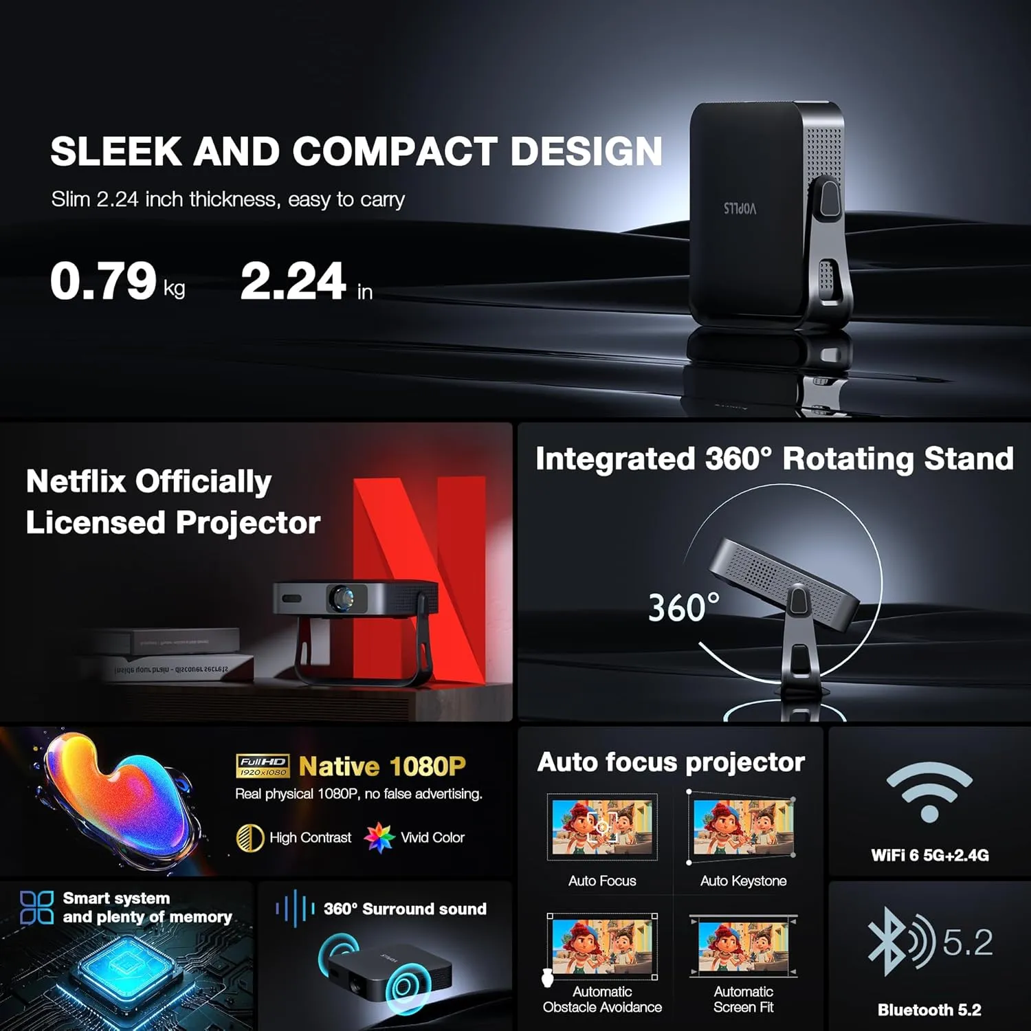 Thinnest & Netflix-Licensed ProjectorSmart Mini Projector with WiFi and Bluetooth, Auto Focus & Keystone Portable Outdoor Projector, VOPLLS Native 1080P 4K Supported Home Movie Projector