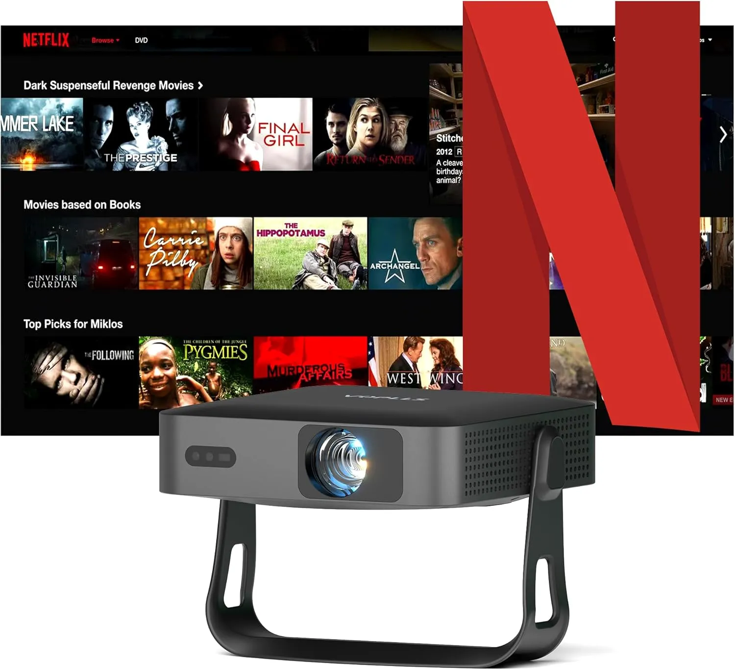 Thinnest & Netflix-Licensed ProjectorSmart Mini Projector with WiFi and Bluetooth, Auto Focus & Keystone Portable Outdoor Projector, VOPLLS Native 1080P 4K Supported Home Movie Projector