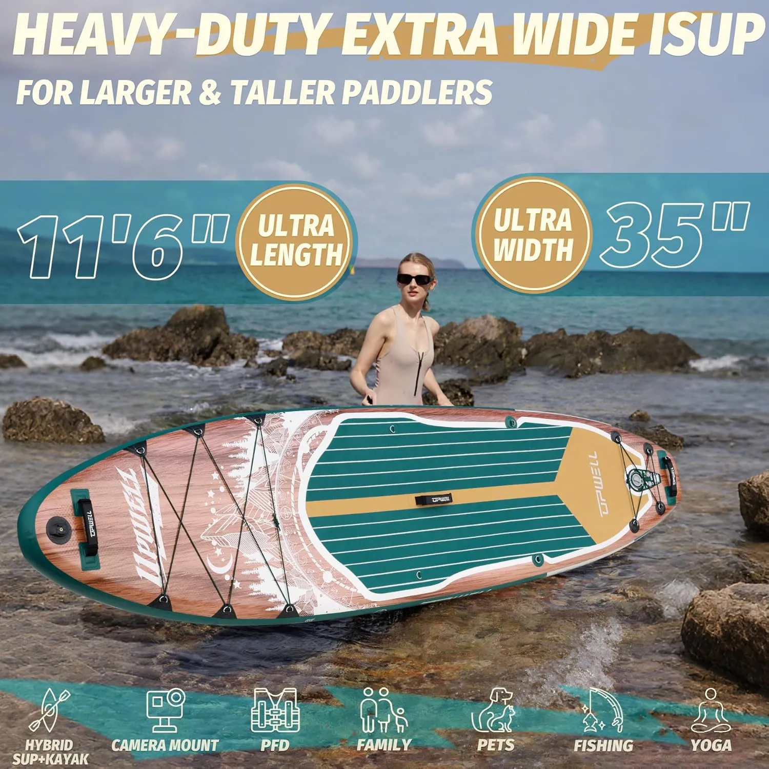 UPWELL 11'6"35" Extra Wide Inflatable Paddle Board, Stand Up Paddle Board for Youth & Adults, Stable Design, Premium SUP Accessories, 120L Backpack, 10L Dry Bag, Paddle, Leash, Hand Pump, US Fins