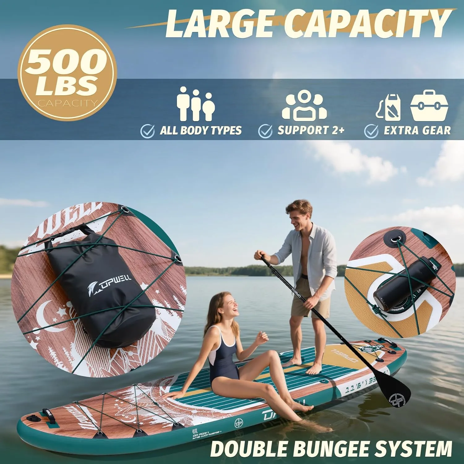UPWELL 11'6"35" Extra Wide Inflatable Paddle Board, Stand Up Paddle Board for Youth & Adults, Stable Design, Premium SUP Accessories, 120L Backpack, 10L Dry Bag, Paddle, Leash, Hand Pump, US Fins