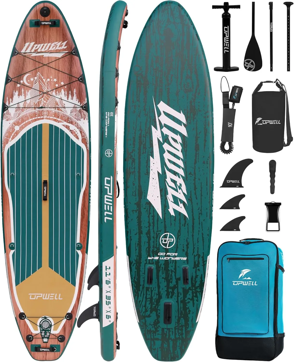 UPWELL 11'6"35" Extra Wide Inflatable Paddle Board, Stand Up Paddle Board for Youth & Adults, Stable Design, Premium SUP Accessories, 120L Backpack, 10L Dry Bag, Paddle, Leash, Hand Pump, US Fins