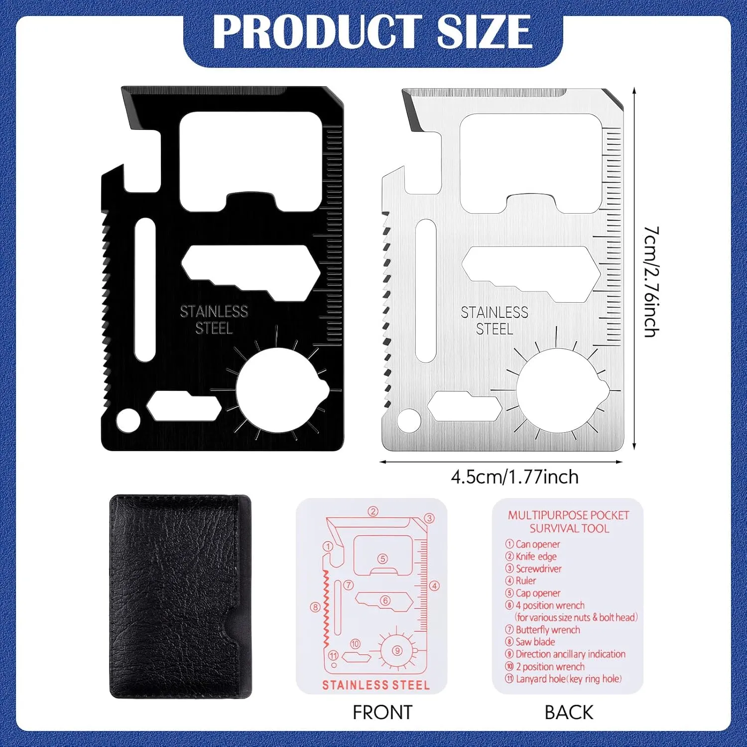 WILLBOND 24 Sets Stainless Steel 11 in 1 Survival Pocket Tools Credit Card Multitool Wallet Pocket Card Multipurpose Scale Double Pocket Tool Bottle Opener for Men Christmas Gift(Black, Silver)