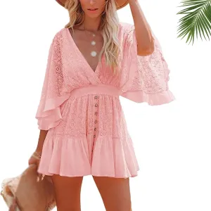 Women's lace Crochet Romper Dress, Batwing Sleeve Backless Ruffle Dresses, Buttons Down Swing Beach