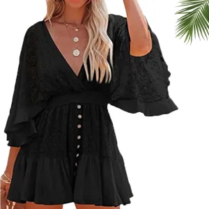Women's lace Crochet Romper Dress, Batwing Sleeve Backless Ruffle Dresses, Buttons Down Swing Beach